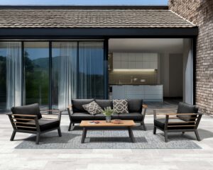 Rengard GEORGE Aluminium Teak Wood 3 Seater Sofa Lounge Set with 2 Armchairs and Coffee Table