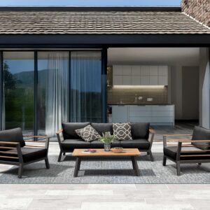 Rengard GEORGE Aluminium Teak Wood 3 Seater Sofa Lounge Set with 2 Armchairs and Coffee Table