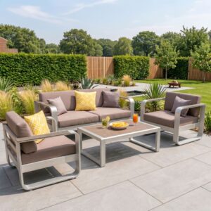 Rengard FAIRY Brushed Aluminium 2 Seater Garden Sofa Set with 2 Armchairs and WPC Coffee Table