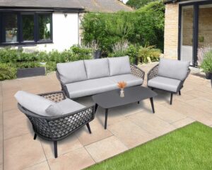 Rengard WALTZ Aluminium Rope 3 Seater Sofa Lounge Set with 2 Armchairs and Coffee Table