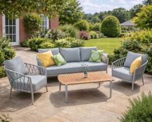 EX-DISPLAY ARNY Aluminium Rope 3 Seater Sofa Lounge Set with 2 Armchairs and Teak Wood Coffee Table