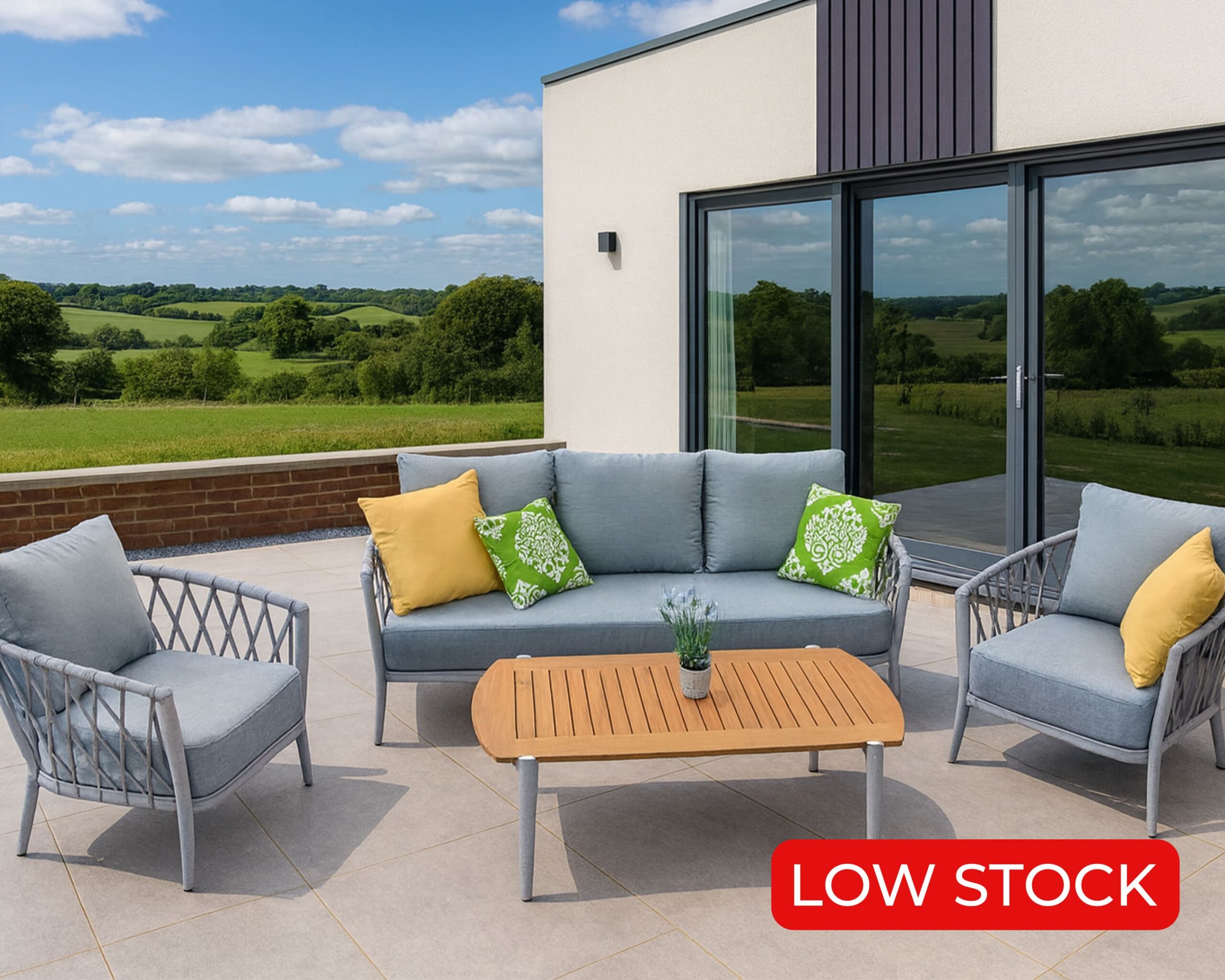 Rengard ARNY Aluminium Rope 3 Seater Sofa Lounge Set with 2 Armchairs and Teak Wood Coffee Table