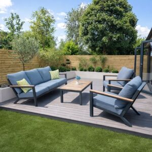 Rengard LILIS Aluminium Teak Wood 3 Seater Sofa Lounge Set with 2 Armchairs and Coffee Table