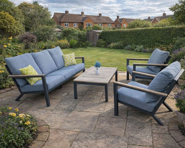 Rengard LILIS Aluminium Teak Wood 3 Seater Sofa Lounge Set with 2 Armchairs and Coffee Table