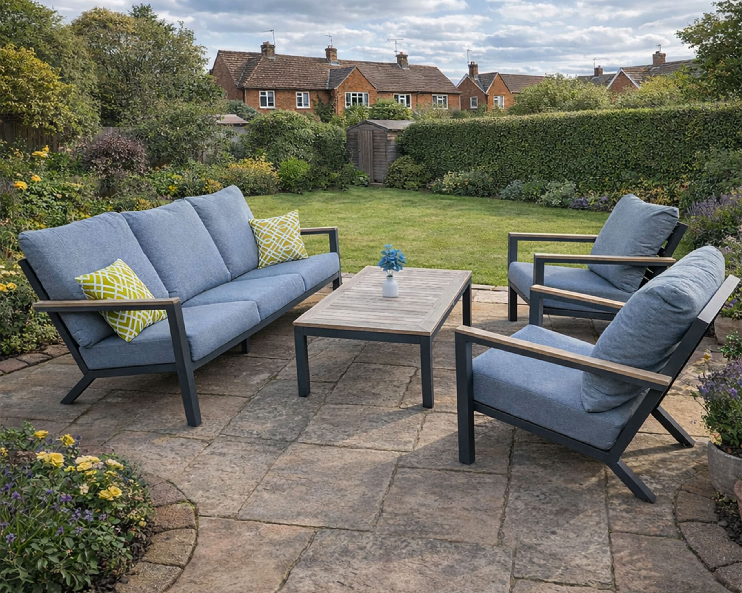 Rengard LILIS Aluminium Teak Wood 3 Seater Sofa Lounge Set with 2 Armchairs and Coffee Table