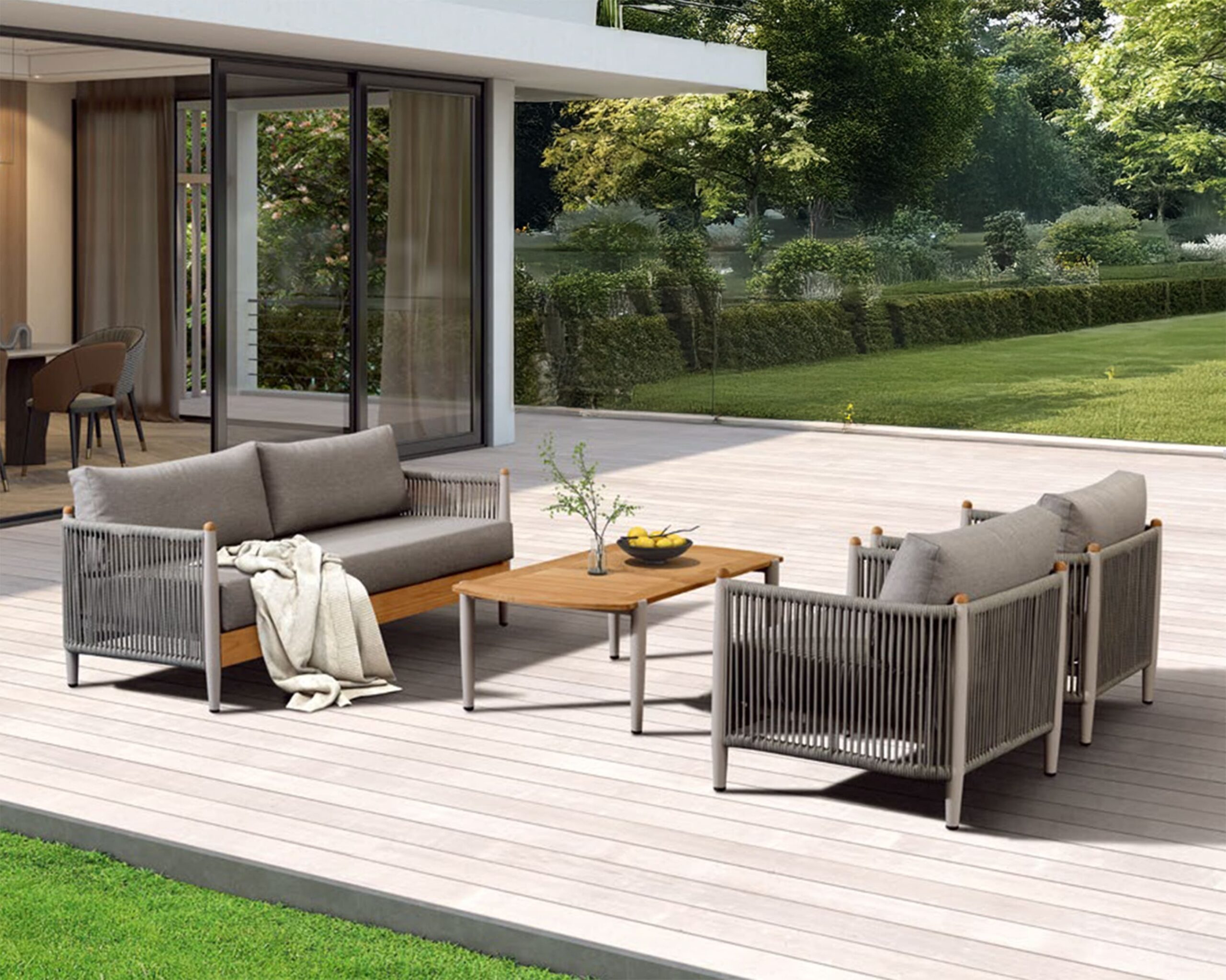 Rengard SAMBA Aluminium Rope and Teak Wood 2 Seater Lounge Set with 2 Armchairs and Coffee Table - Image 7