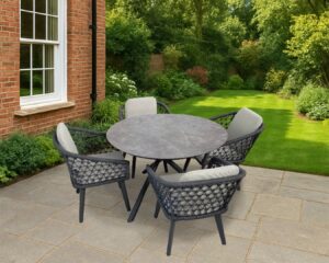Rengard WALTZ 4 Seat Aluminium Rope Dining Set - Round HPL Table in Anthracite Grey