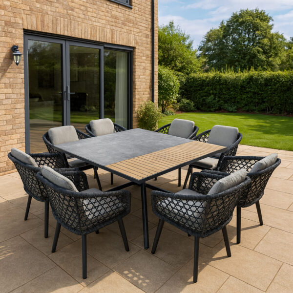 Rengard WALTZ 8 Seat Aluminium Rope Dining Set - Square HPL and Teak Table in Anthracite Grey