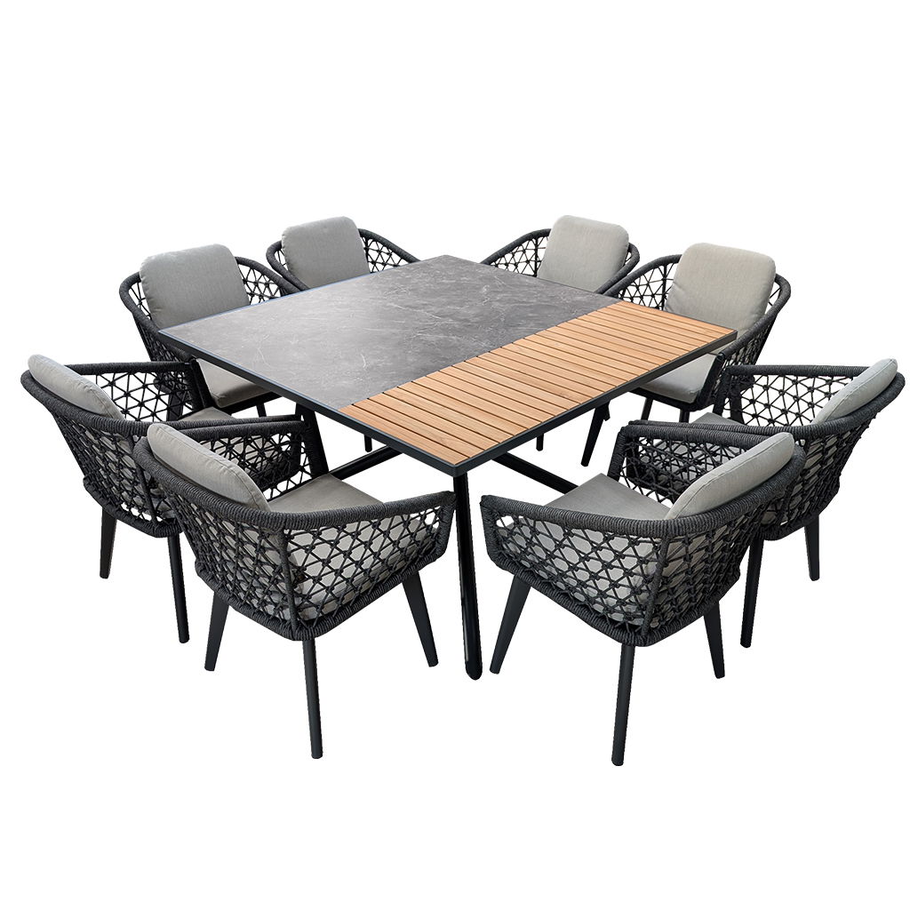 Rengard WALTZ 8 Seat Aluminium Rope Dining Set - Square HPL and Teak Table in Anthracite Grey - Image 7