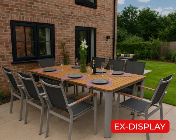 Rengard LAS VEGAS 8 Seat Aluminium Teak Wood Dining Set - Large Table in Grey