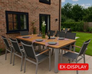 Rengard LAS VEGAS 8 Seat Aluminium Teak Wood Dining Set - Large Table in Grey