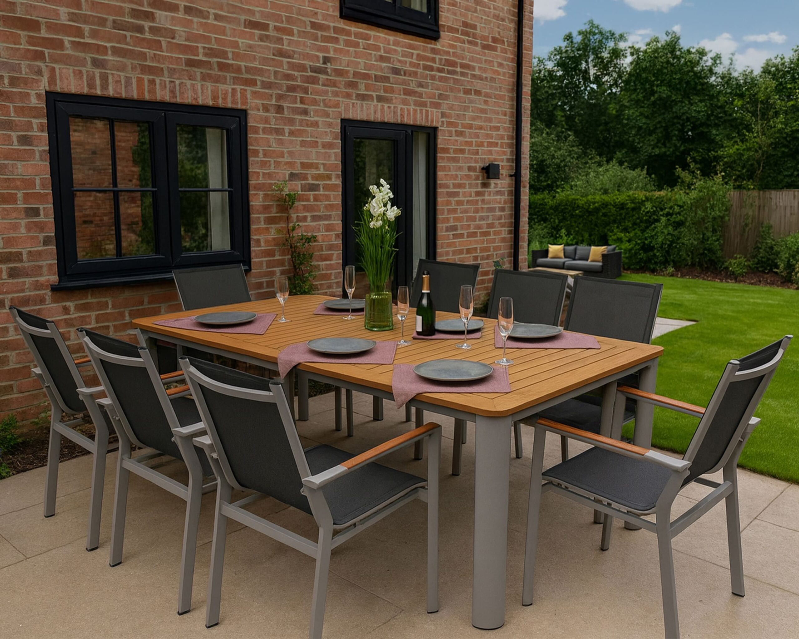 Rengard LAS VEGAS 8 Seat Aluminium Teak Wood Dining Set - Large Table in Grey - Image 6