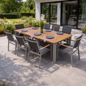 Rengard LAS VEGAS 8 Seat Outdoor Dining Set with Natural Teak - Rectangular Aluminium Table in Grey