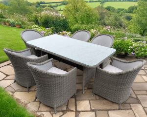 Rengard MALTA 6 Seat Rattan Dining Set - Large Table with Glass Tabletop