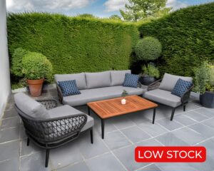 Rengard HAIDY Aluminium Rope 3 Seater Sofa Lounge Set with 2 Armchairs and Teak Coffee Table