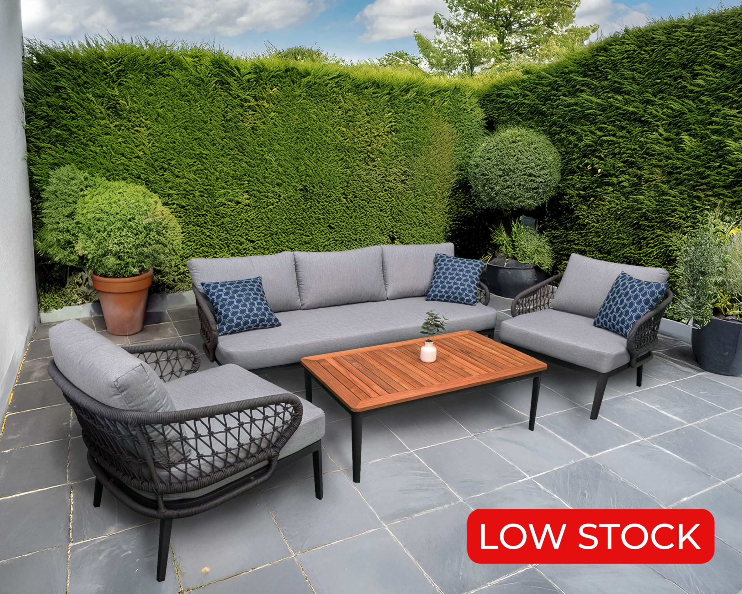 Rengard HAIDY Aluminium Rope 3 Seater Sofa Lounge Set with 2 Armchairs and Teak Wood Coffee Table