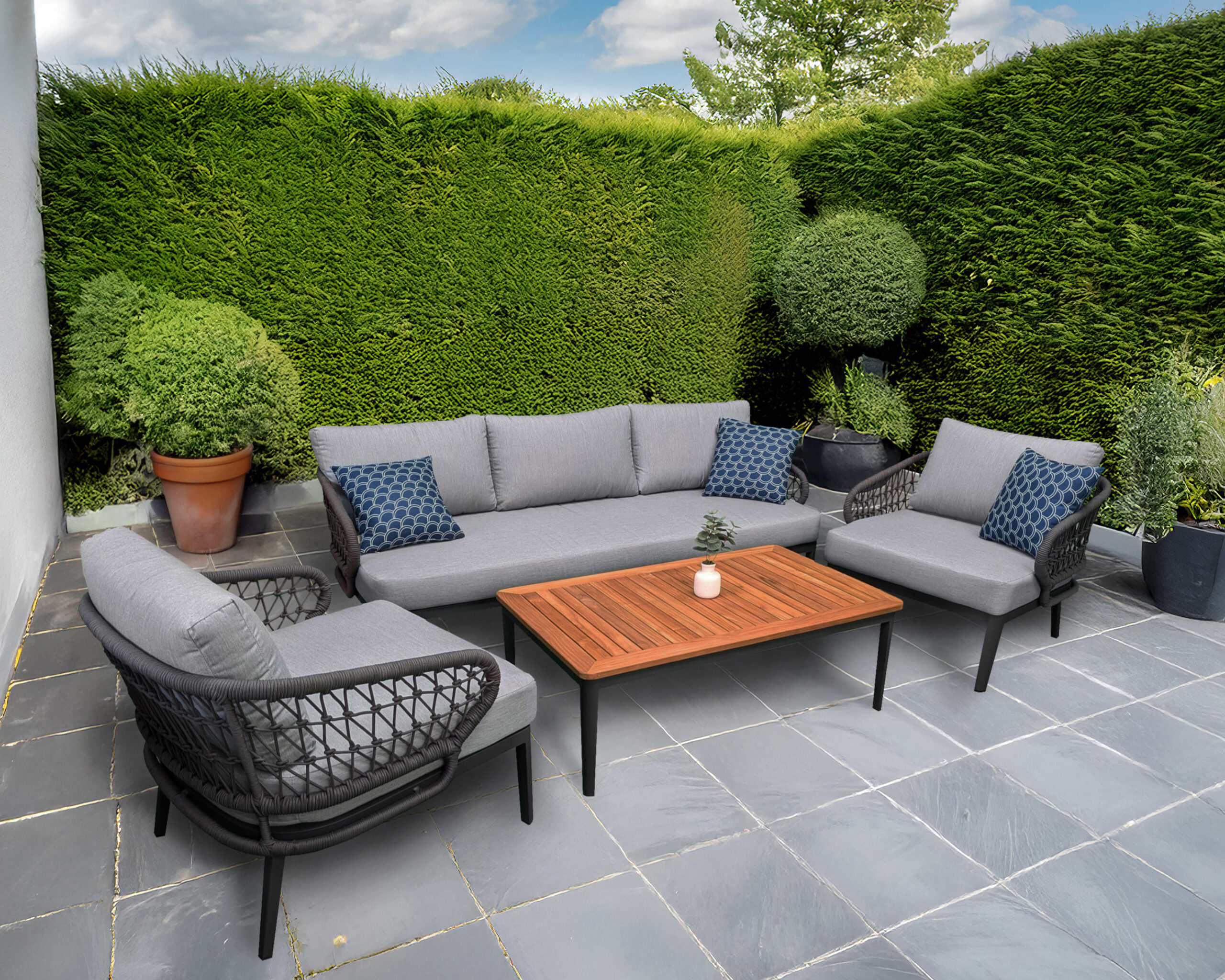 Rengard HAIDY Aluminium Rope 3 Seater Sofa Lounge Set with 2 Armchairs and Teak Wood Coffee Table - Image 4