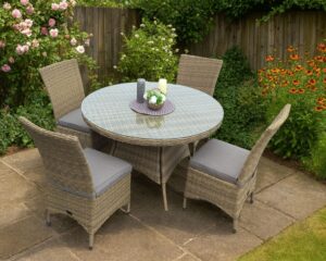 EX-DISPLAY PATRICIA Small Rattan Dining Set – 120cm Round Table with 4 Chairs