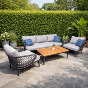 Rengard HAIDY Aluminium Rope 3 Seater Sofa Lounge Set with 2 Armchairs and Teak Coffee Table
