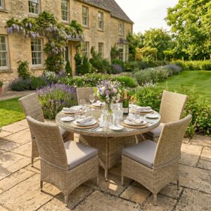 Rengard garden and outdoor dining set in rattan with glass tabletop finish