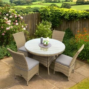 Rengard PATRICIA Small Rattan Dining Set – 120cm Round Table with 4 Chairs