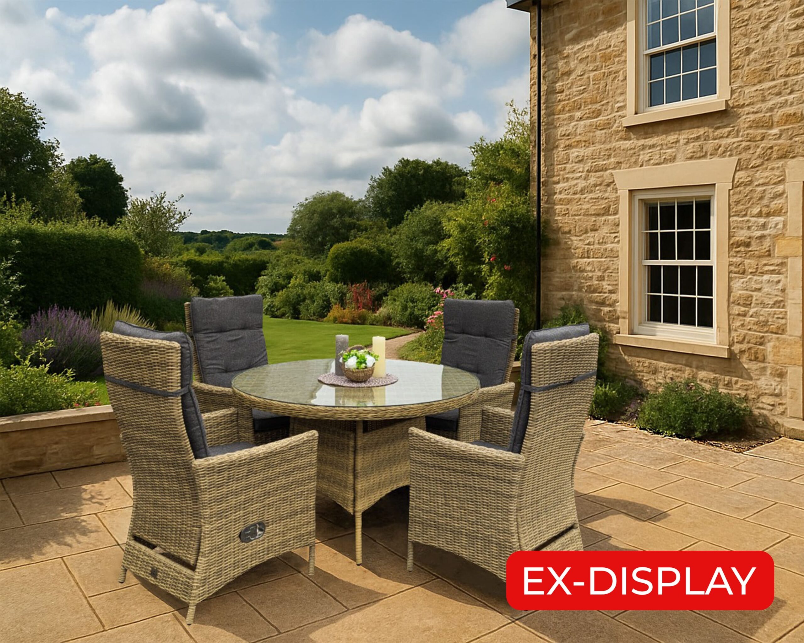 EX-DISPLAY ABBEY Small Rattan Dining Set – 120cm Round Table with 4 Reclining Armchairs