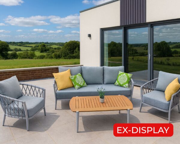 EX-DISPLAY ARNY Aluminium Rope 3 Seater Sofa Lounge Set with 2 Armchairs and Teak Wood Coffee Table