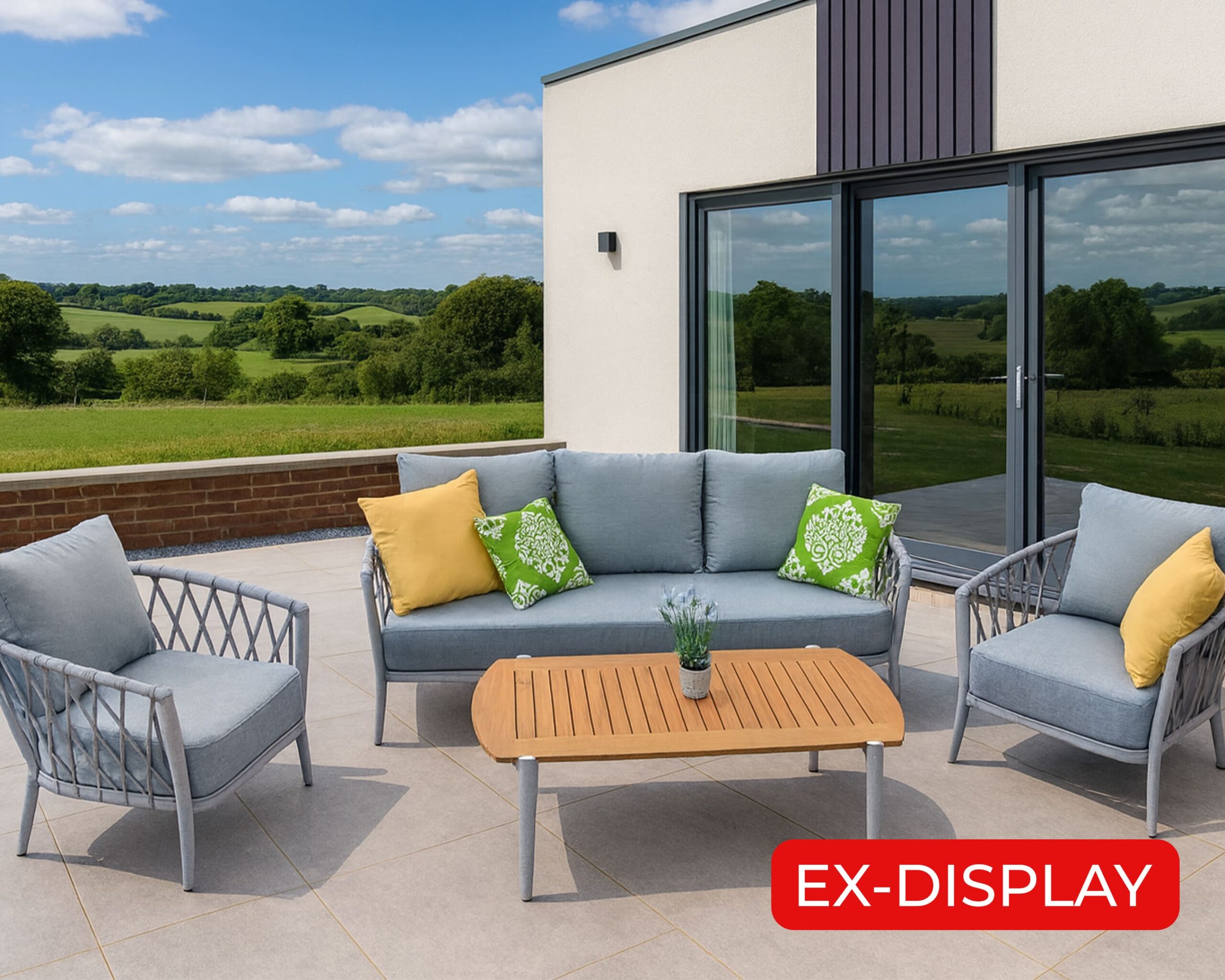 EX-DISPLAY ARNY Aluminium Rope 3 Seater Sofa Lounge Set with 2 Armchairs and Teak Wood Coffee Table