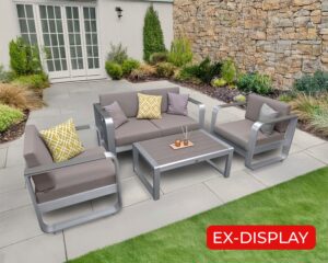 EX-DISPLAY FAIRY Brushed Aluminium 2 Seater Sofa Lounge Set with 2 Armchairs and WPC Coffee Table