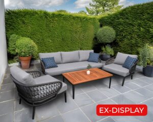 EX-DISPLAY HAIDY Aluminium Rope 3 Seater Sofa Lounge Set with 2 Armchairs and Teak Coffee Table