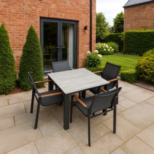 Rengard RONA 4 Seat Aluminium Teak Wood Dining Set - Square Table in Anthracite Grey and Marble