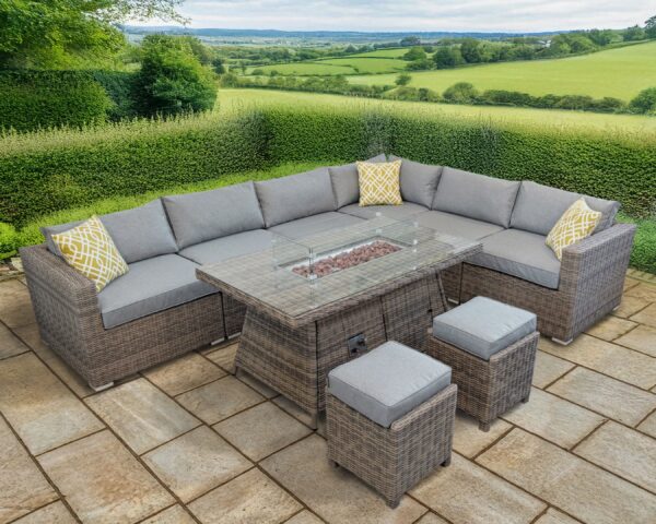 Rengard JENNY Rattan Modular 8 Seat Large Corner Sofa with Gas Fire Pit Table and 2 Footstools