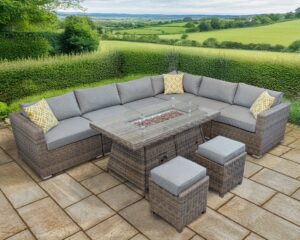 Rengard JENNY Rattan Modular 8 Seat Corner Sofa Set with Gas Fire Pit Table and 2 Footstools