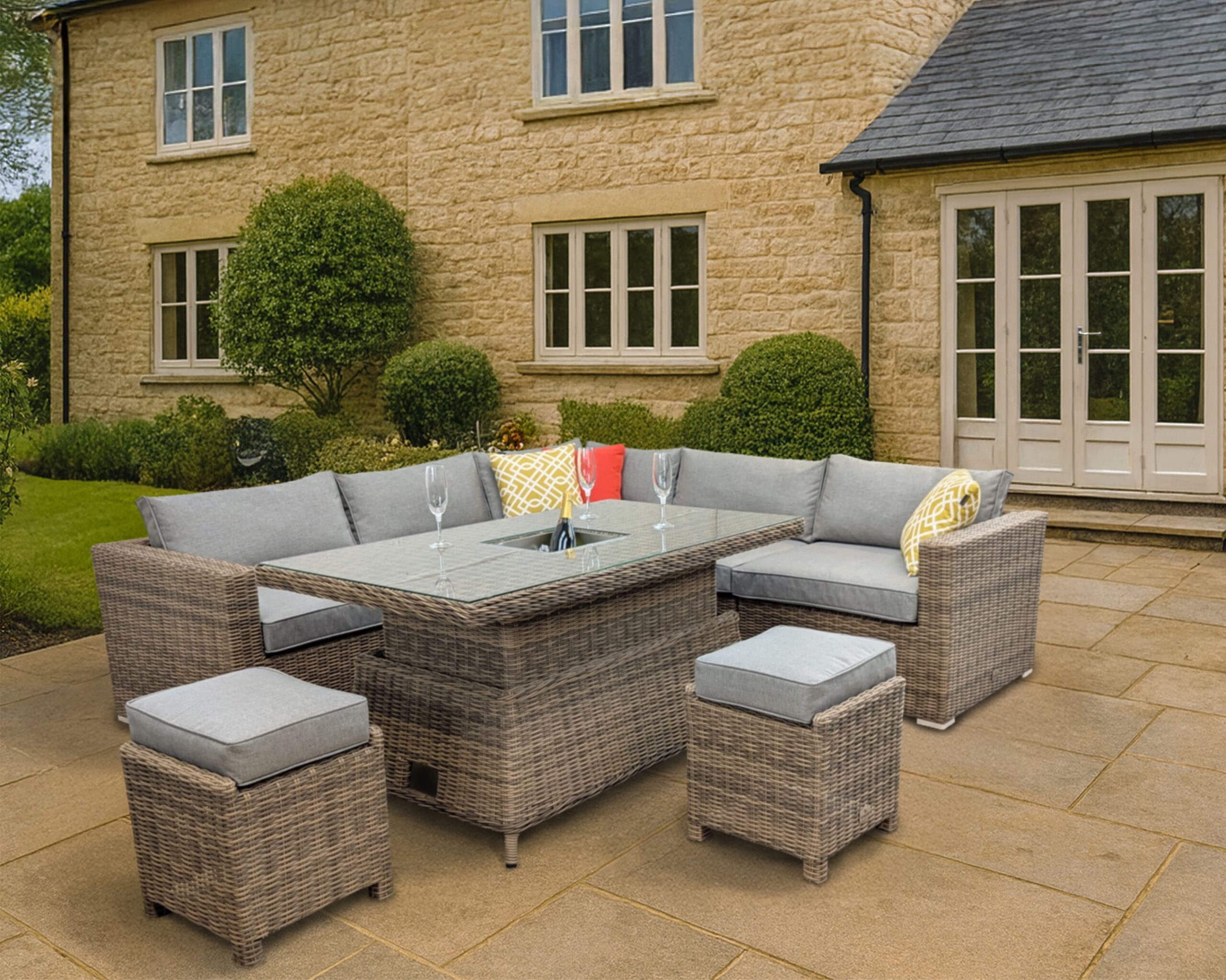 Rengard JENNY Rattan Modular 6 Seat Corner Sofa Set with Rising Ice Bucket Table & 2 Footstools