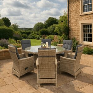 Rengard ABBEY Medium Rattan Dining Set – 140cm Round Table with 6 Reclining Armchairs