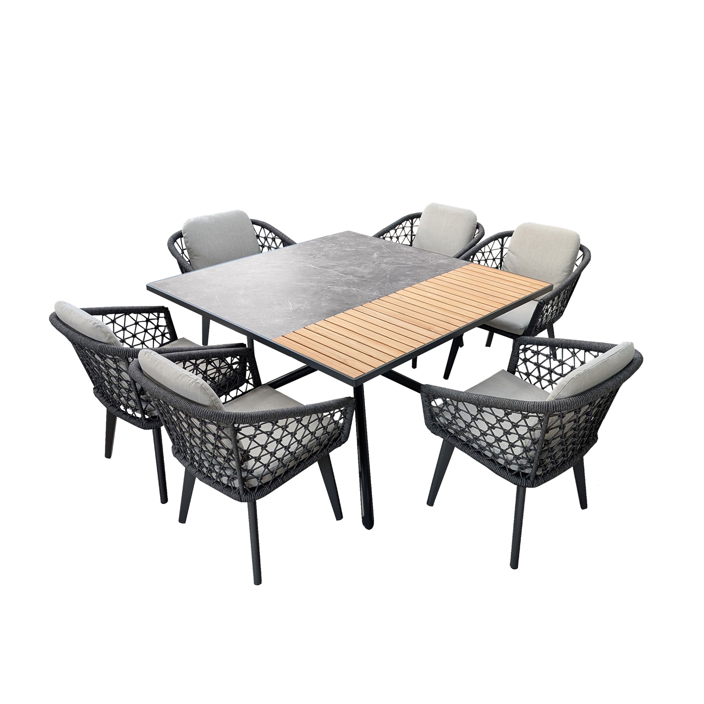 Rengard WALTZ 6 Seat Garden Dining Set - Square HPL and Teak Table with Aluminium & Rope Armchairs - Image 7