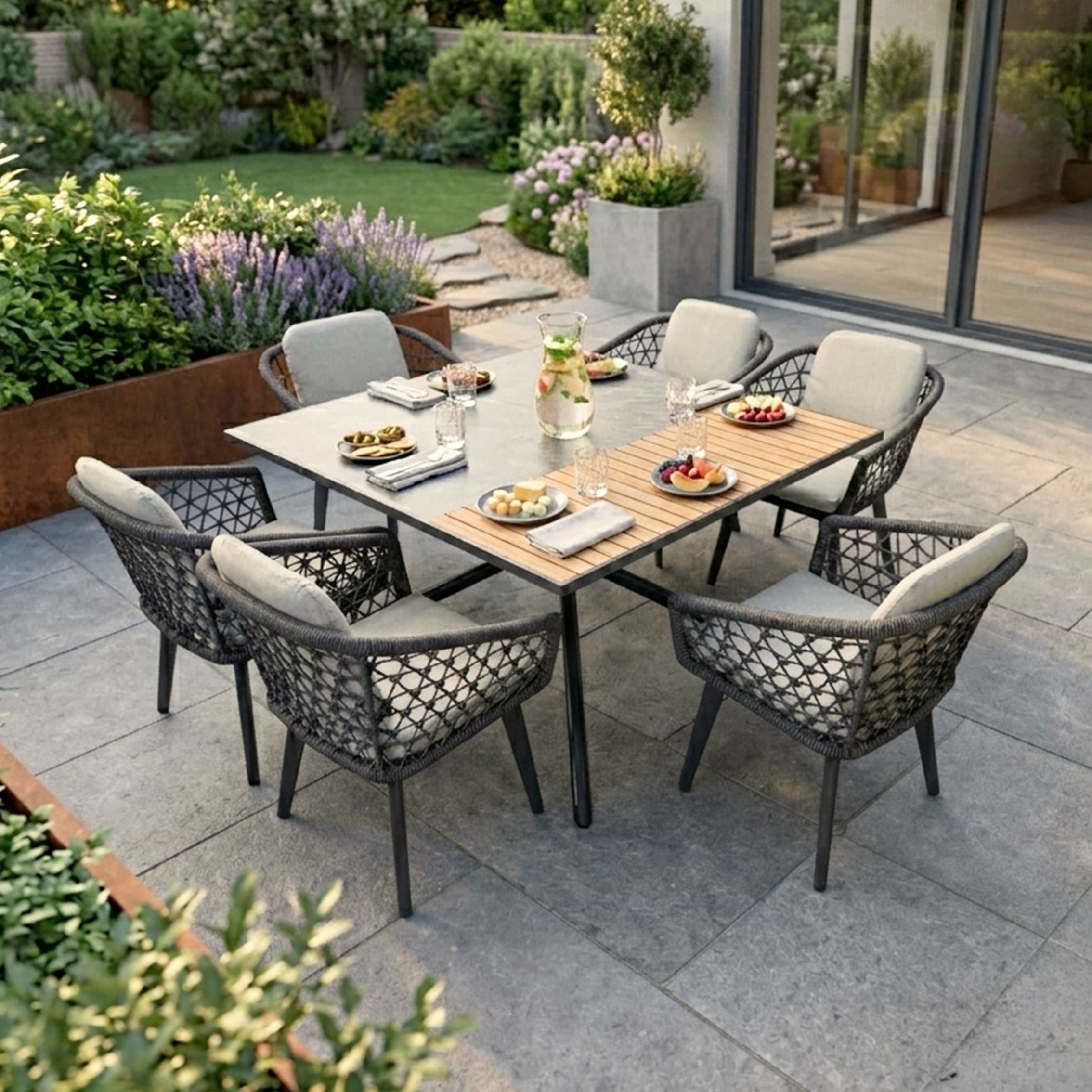 rengard garden dining set with aluminium frame olefin rope armchair teak detailing and HPL tabletop