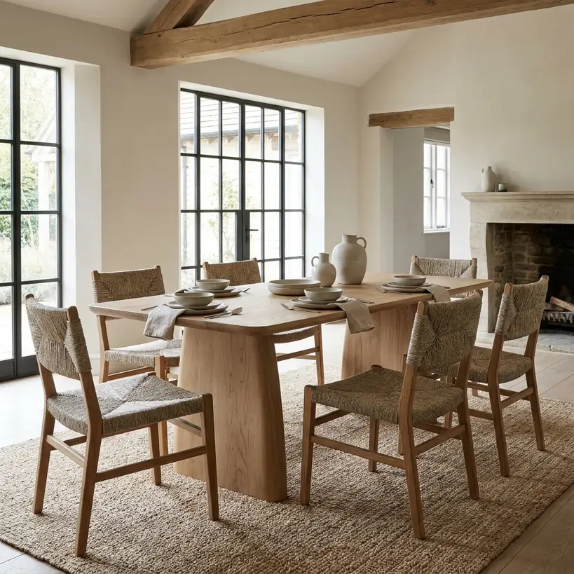 Modern dining room with a stylish contemporary table set, soft natural light, textured chairs, ceramic and wood finishes, elegant open-plan UK home styling, photorealistic photograph with natural lighting and realistic textures