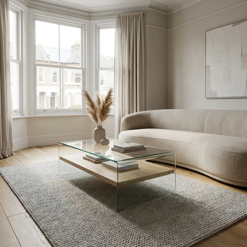 Modern UK living room with a sleek space-saving coffee table, soft neutral sofa, textured rug, natural daylight, clean contemporary styling, realistic materials and shadows