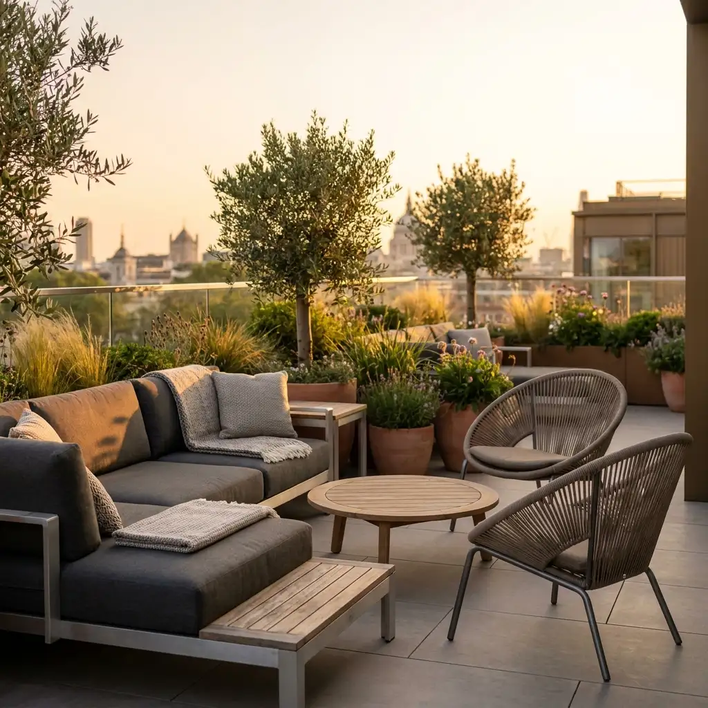 Modern luxury patio lounge with a modular outdoor sofa, rope chairs, teak accents and aluminium frame furniture in a stylish UK garden, photorealistic natural lighting and realistic textures
