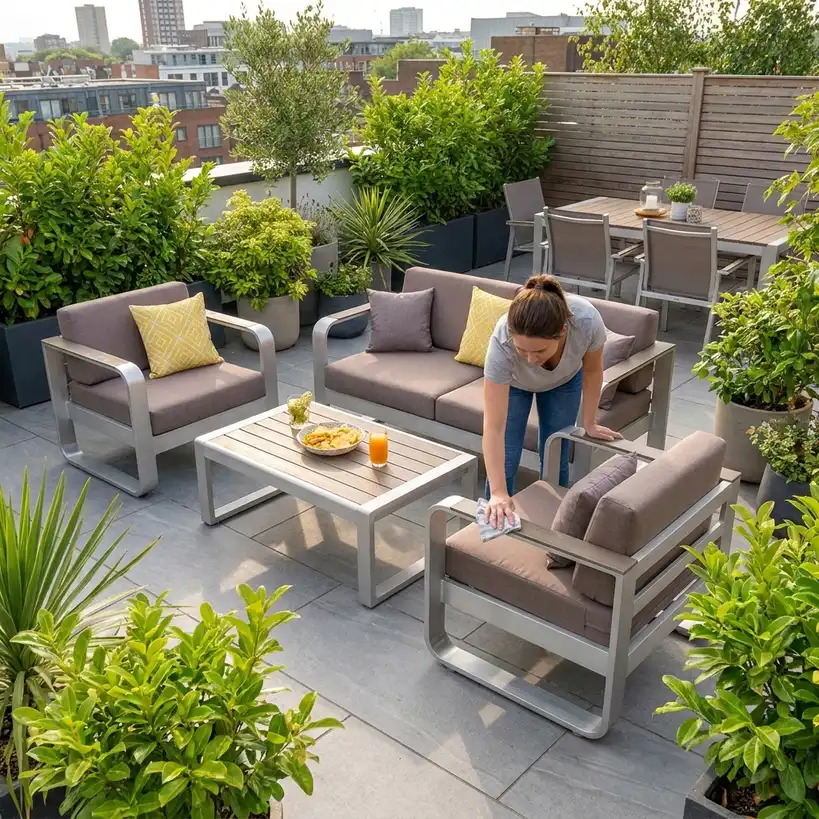 Inspecting damaged garden furniture on a UK patio
