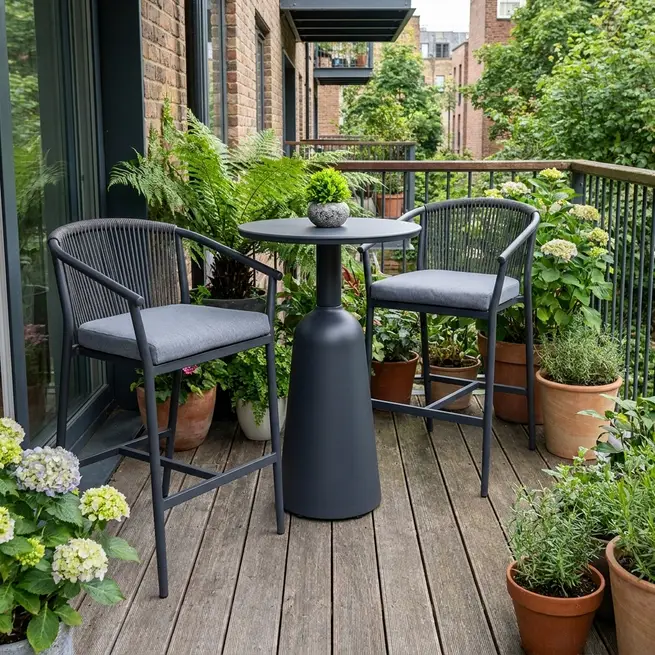 Compact modern outdoor bar set on a stylish UK balcony