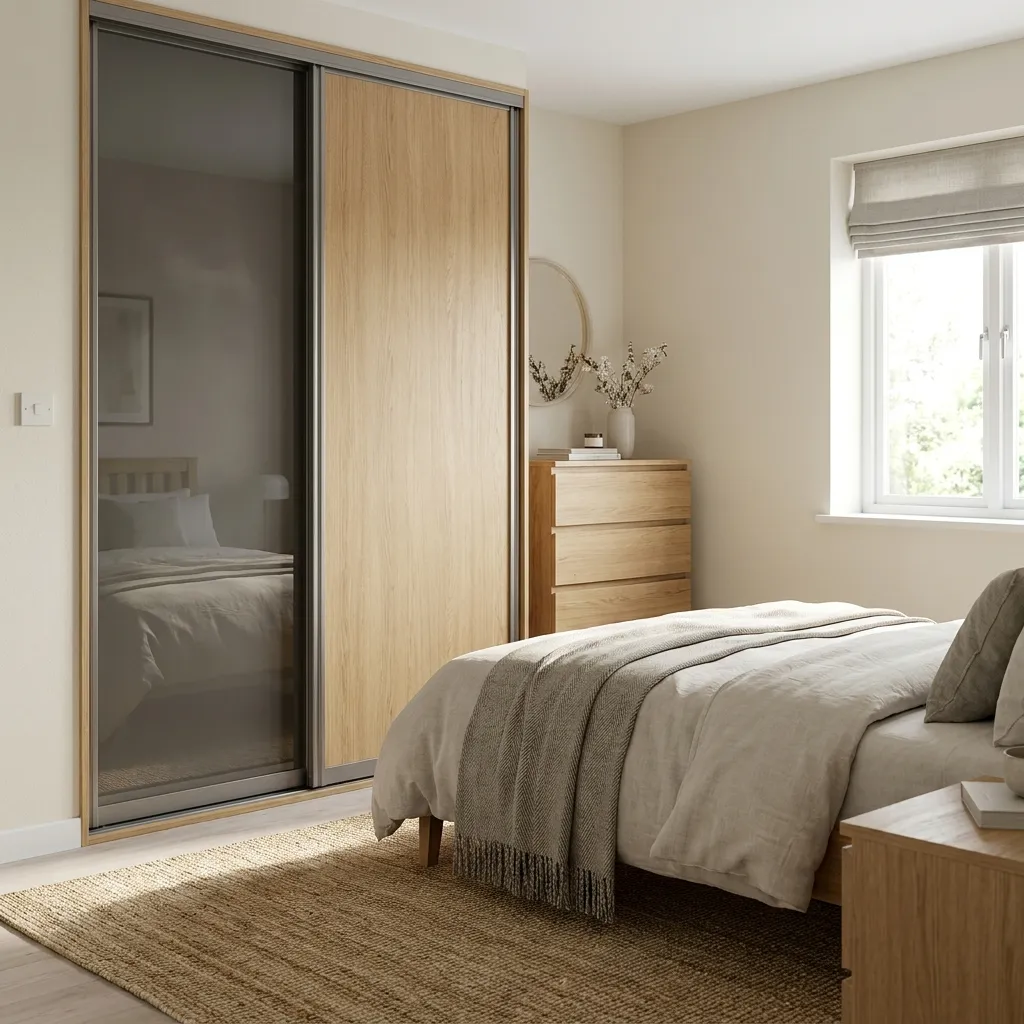 Small modern bedroom with a slim wardrobe and chest of drawers