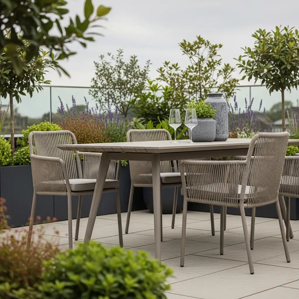 Stylish recycled plastic outdoor furniture on a modern UK patio