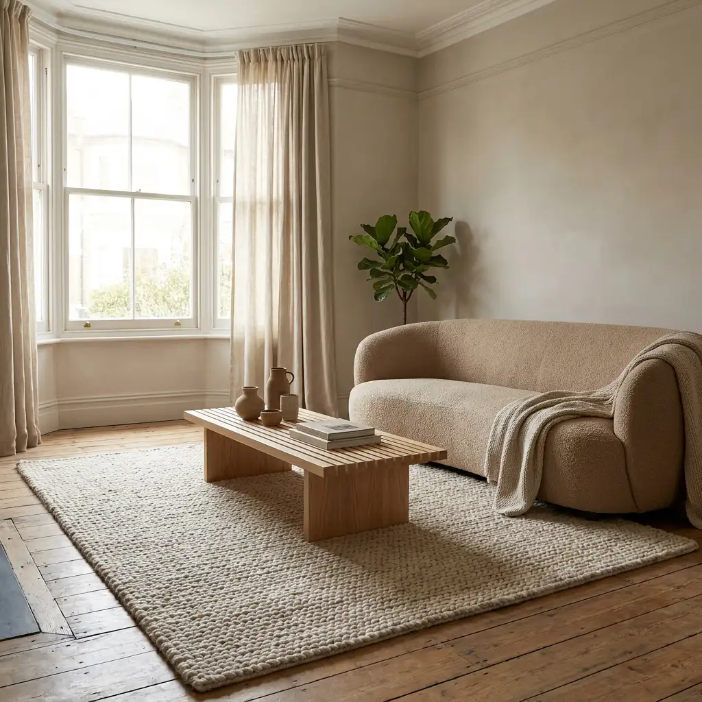 Modern living room with textured neutral rug