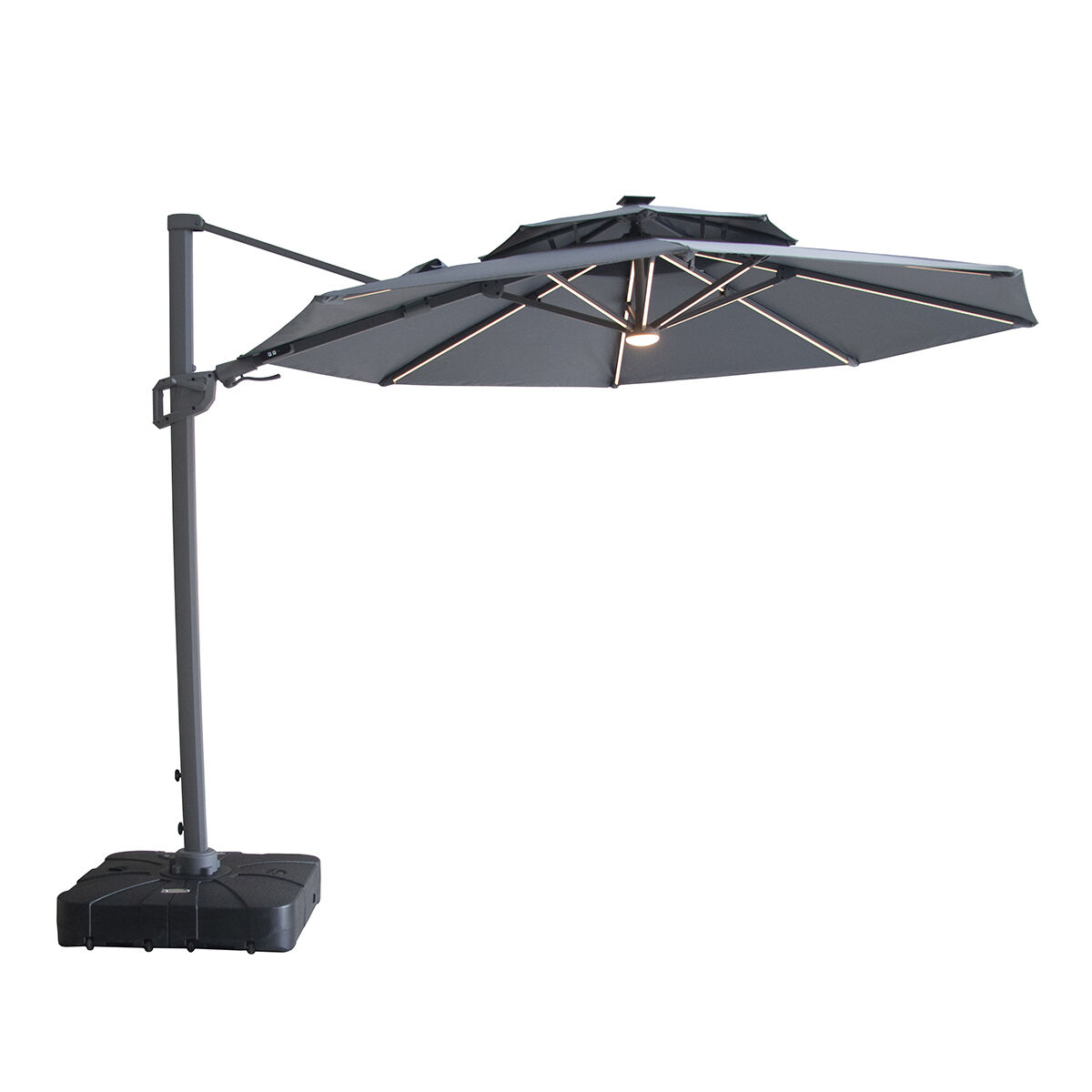 LISBOA Round Solar LED Rotating Cantilever Garden Parasol with Base - Charcoal Grey - Image 3