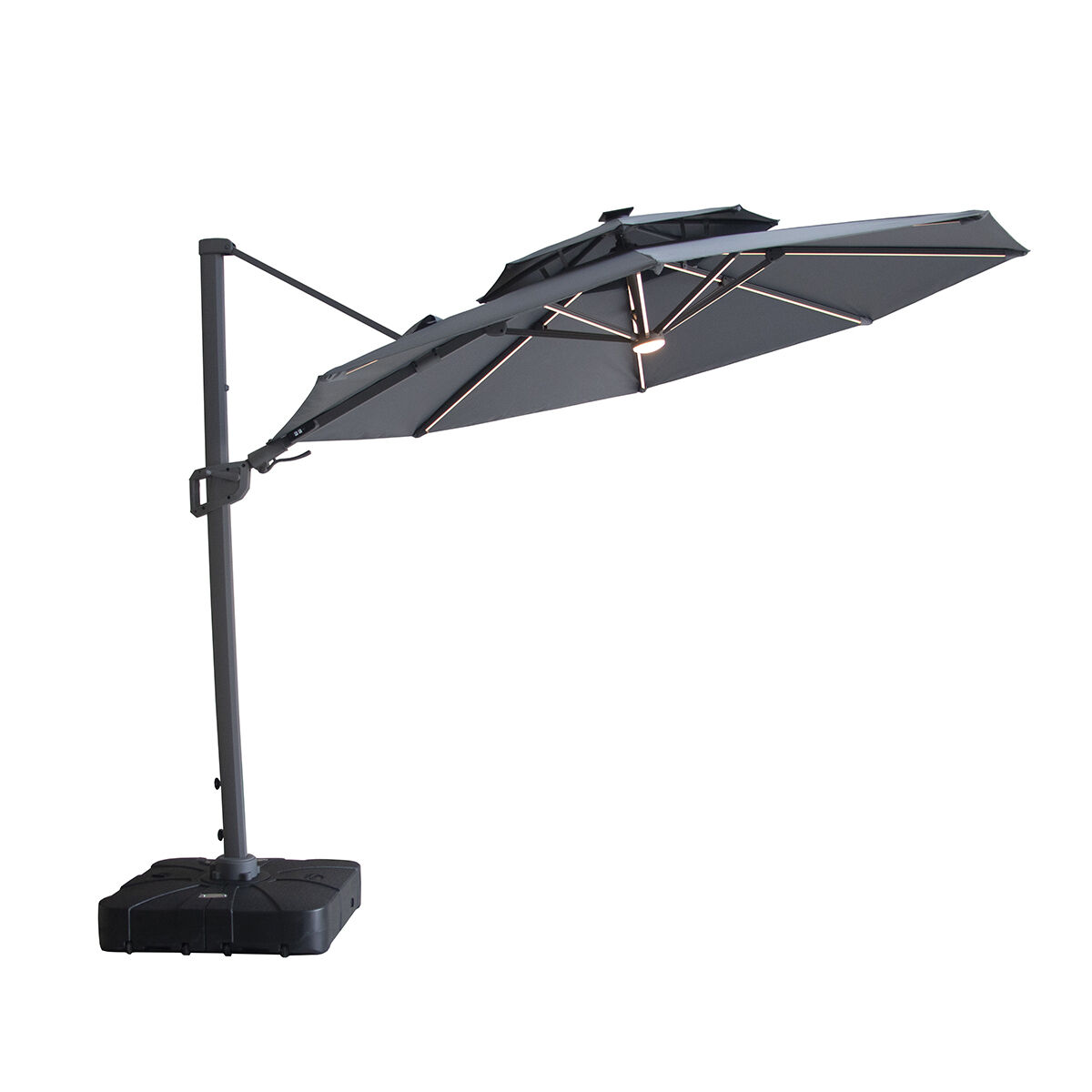 LISBOA Round Solar LED Rotating Cantilever Garden Parasol with Base - Charcoal Grey - Image 4