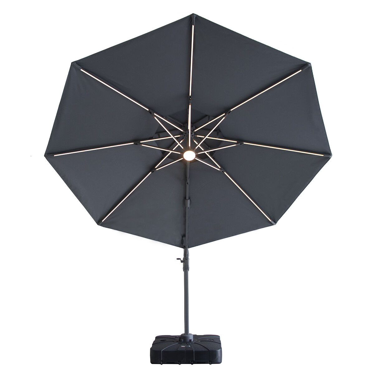 LISBOA Round Solar LED Rotating Cantilever Garden Parasol with Base - Charcoal Grey - Image 5