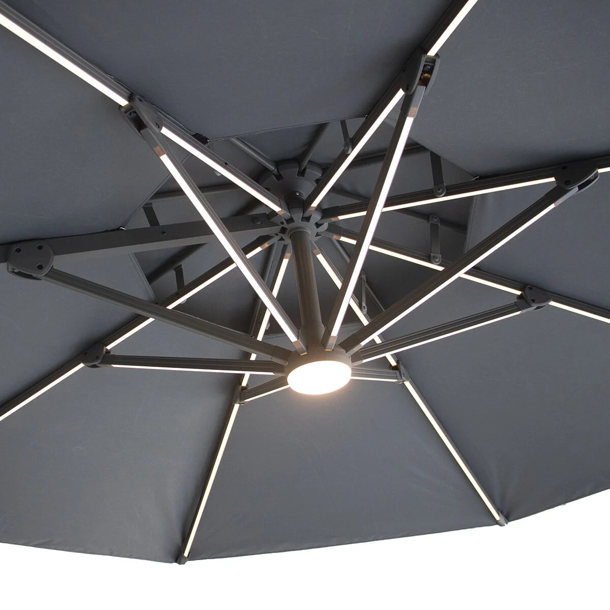 LISBOA Round Solar LED Rotating Cantilever Garden Parasol with Base - Charcoal Grey - Image 9