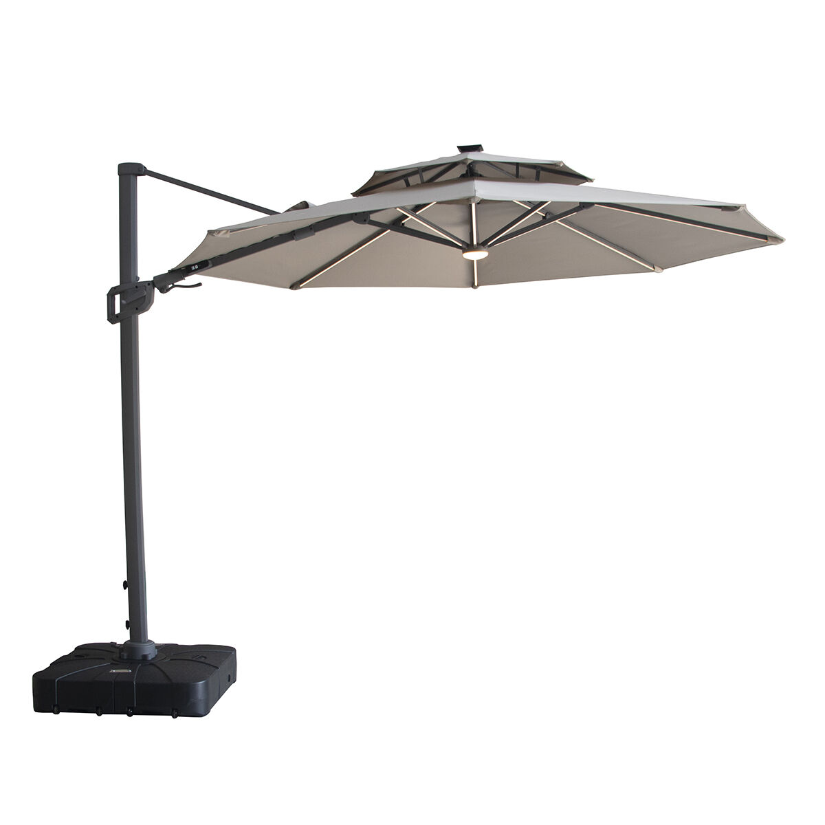 LISBOA Round Solar LED Rotating Cantilever Garden Parasol with Base - Clay Beige - Image 3
